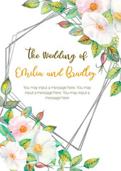 Flowers of white rose hips, red fruits, green leaves, the composition in a geometric Golden frame. Flower poster, invitation. Watercolor compositions for the design of greeting cards or invitations.