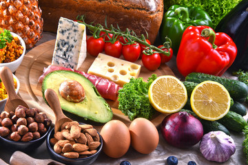 Assorted food products on kitchen table