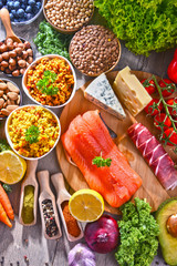 Assorted food products on kitchen table