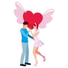 couple romantic flowers heart love wings