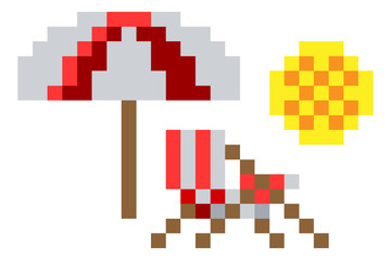 Deck beach chair umbrella and sun icon in a pixel 8 bit video game art style