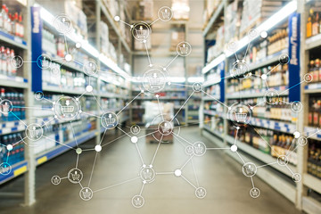 Shopping cart structure Retail marketing E-commerce blurred supermarket background