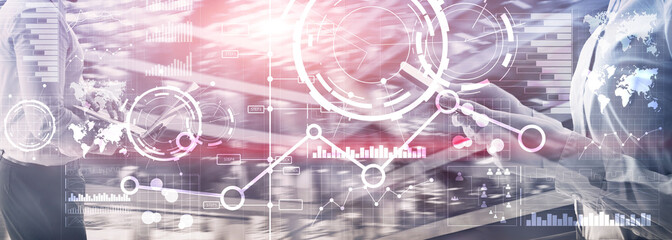 Business interface mixed media double exposure financial chart graph diagram and icon on virtual screen. Innovation concept.
