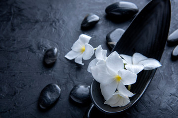 Obraz na płótnie Canvas zen basalt stones with frangipani flower on dark table background