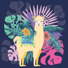 Llama with exotic leaves and flowers © AnnaPa