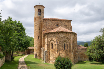 Fototapeta na wymiar Horizontal view of the entrance to the Collegiate Church of San Martin de Elines in Cantabria, Spain, Europe