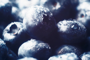 Macro photo with a haze of fresh blueberry with water drops