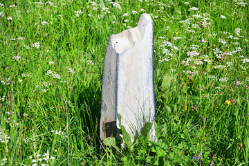Russia, North Ossetia.The gravestone of 1929 year on old abandoned cemetery in  upper point of Zrugskoe  gorge near abandoned village of Khozitykau in summer