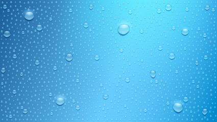 Water drops on blue background. Three dimensional realistic droplets with glow from the sun, vector 3d illustration