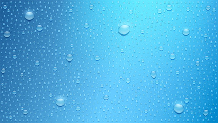 Water drops on blue background. Three dimensional realistic droplets with glow from the sun, vector 3d illustration