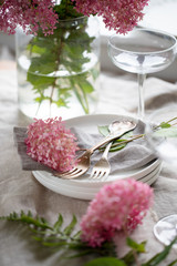 Table setting with hydrangea flowers