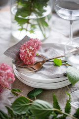 Table setting with hydrangea flowers