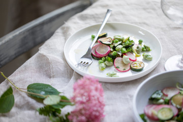 Fresh garden salad with broad beans, green peas, radishes and courgette