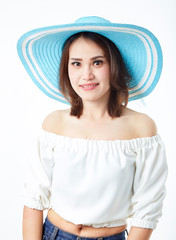 asian woman wearing summer straw hat