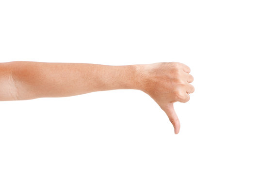 Male asian hand gestures isolated over the white background. Thumb Down POSE.