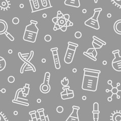 Chemistry science laboratory outline vector seamless pattern on grey background. Pharmacy and chemistry, education and science elements and equipment