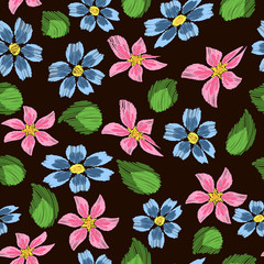 Seamless pattern with embroidery of colorful  flowers for your design. Vector illustration.