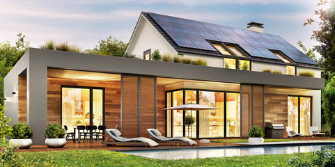 Modern house with solar panels on the gable roof