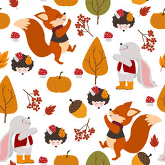 autumn seamless pattern with fox bunny and hedgehog - vector illustration, eps