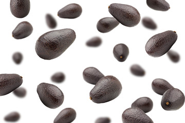Falling avocado, isolated on white background, selective focus