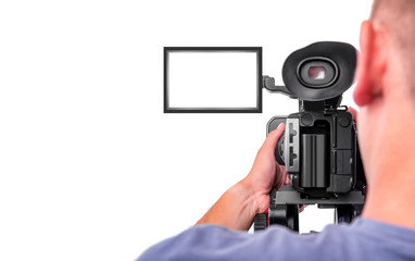 Cameraman. Video camera operator isolated on a white background.