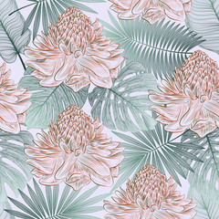 Seamless pattern with tropical leaf palm and flowers Ginger. Vector illustration.