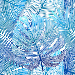 Seamless pattern with tropical leaf palm . Vector illustration.