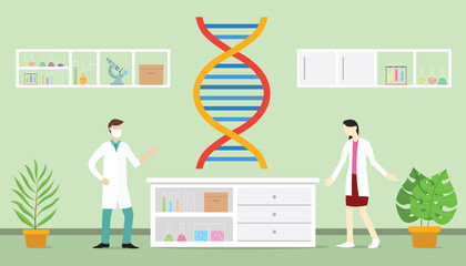genetic engineering on the laboratory with team people doctor and scientist with modern flat style - vector