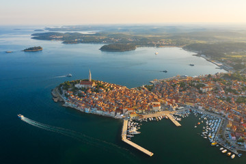 Beautiful Rovinj at sunrise. Aerial photo. The old town of Rovinj, Istria, Croatia
