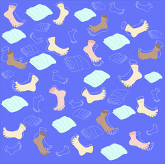 Vector pattern with human feet and bath towels on a blue background