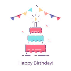Naklejka premium The birthday cake card vector flat design illustration. Beautiful creative cool design for greeting card. 