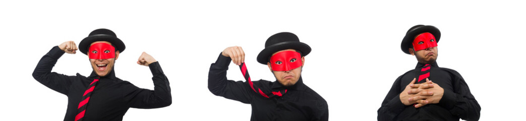 Young man with red mask isolated on white