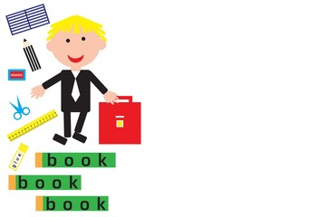 schoolboy with a briefcase on a white background with school supplies, isolate, vector