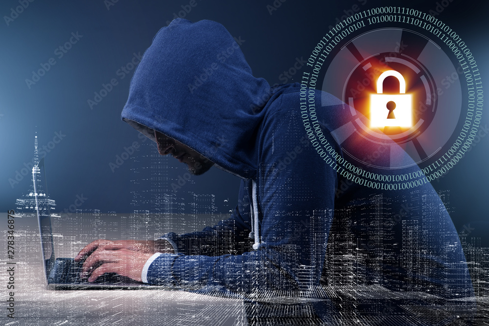 Poster hacker in digital security concept