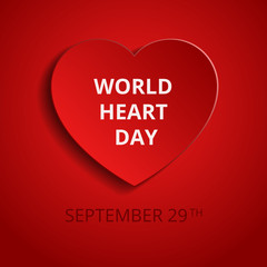 World Heart Day greeting card with heart shape on red background and the date 29 sep. Vector illustration in paper cut style. Medical awareness concept