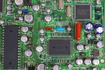 printed circuit Board with chips and radio components electronics