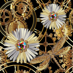 Seamless pattern with chamomile flower and gears in the style of steampunk. Vector illustration.