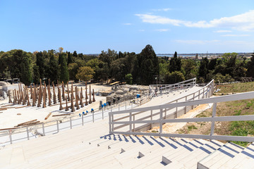 Panoramic view of Teatro Greco, Greek amphitheater in Siracusa, spring sunny day