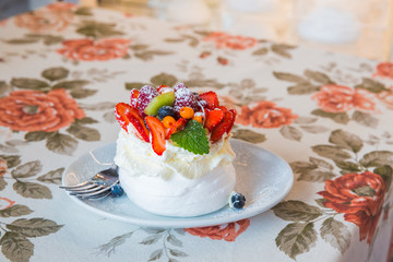 The tasty dessert with fruits