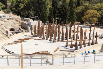 Working Theater scene of Teatro Greco, Greek amphitheater in Siracusa, spring sunny day