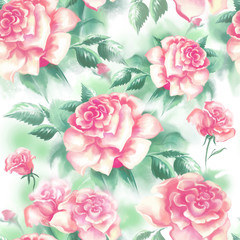 Seamless pattern with light pink flowers roses and green leaves on a light background. Digital illustration.