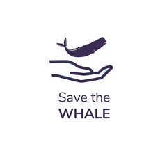 Simple logo with text.  Icon of cute sperm whale in hand. Suitable for greeting card, poster and banner. Vector.