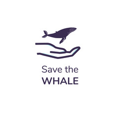 Naklejka premium Simple logo with text. Icon of cute Humpback Whale in hand. Suitable for greeting card, poster and banner. Vector.