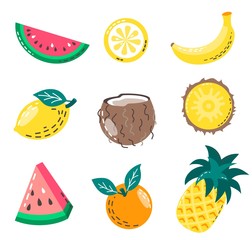 Set of isolated summer fruits. Vector illustration of juicy fruits: watermelon, banana, pineapple, coconut, orange and lemon.