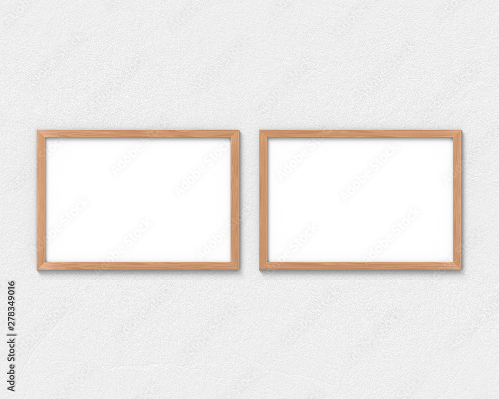 Poster set of 2 horizontal wooden frames mockup hanging on the wall. empty base for picture or text. 3d ren
