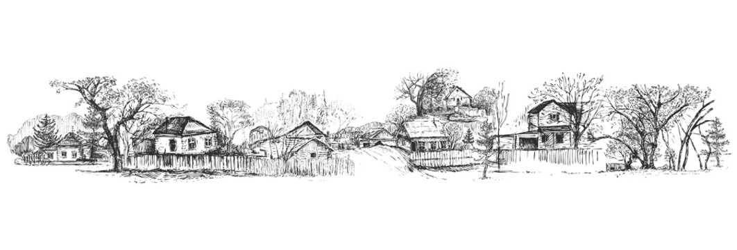 Detailed hand drawn ink black and white illustration of farm house, tree. sketch. Vector eps 8