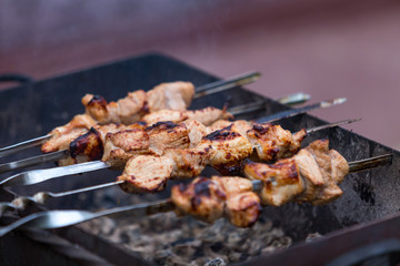 Cooking shashlik on the mangal in nature. Selective focus.