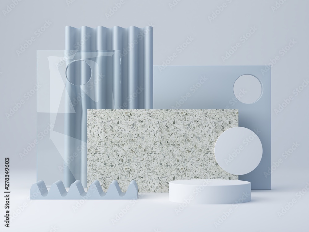 Poster 3d rendering, minimal abstract background in blue pastel colors. minimal scenery with textured shape