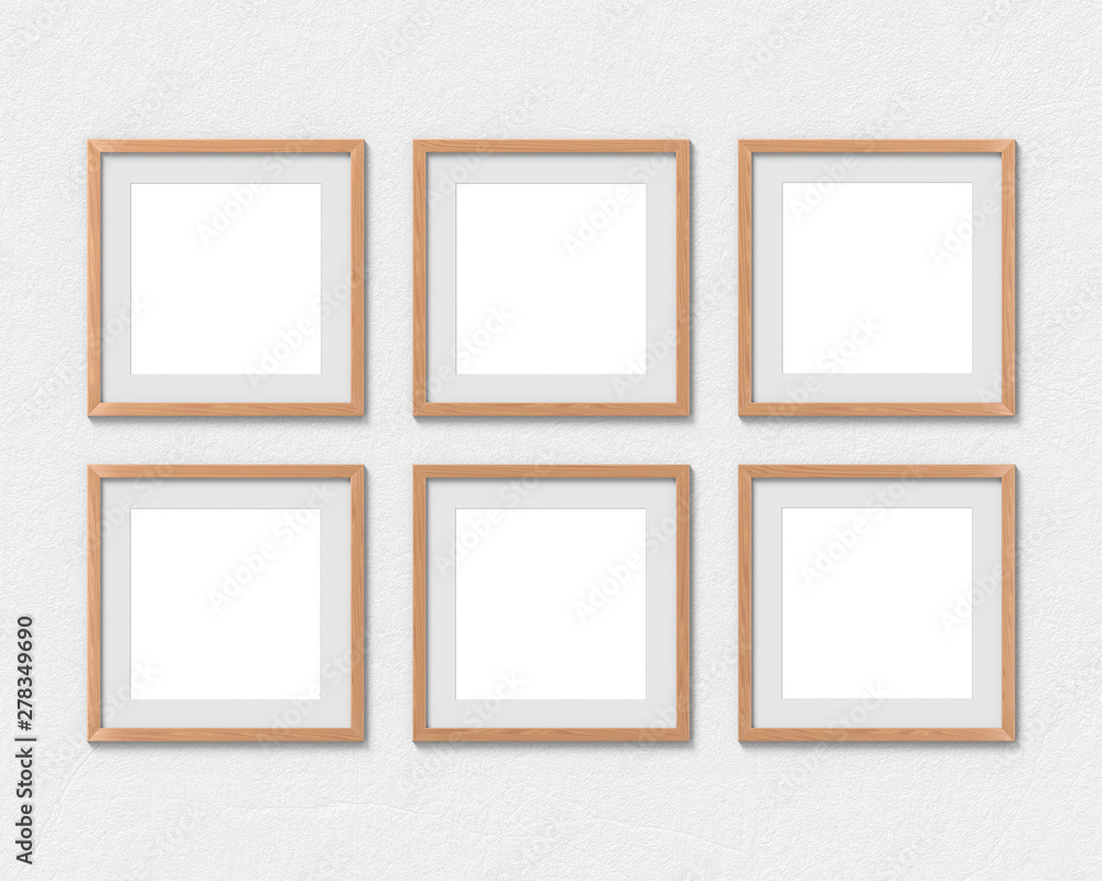 Fototapete set of 6 square wooden frames mockup with a border hanging on the wall. empty base for picture or te