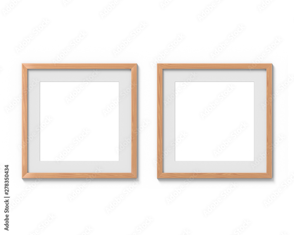 Fototapete set of 2 square wooden frames mockup with a border hanging on the wall. empty base for picture or te